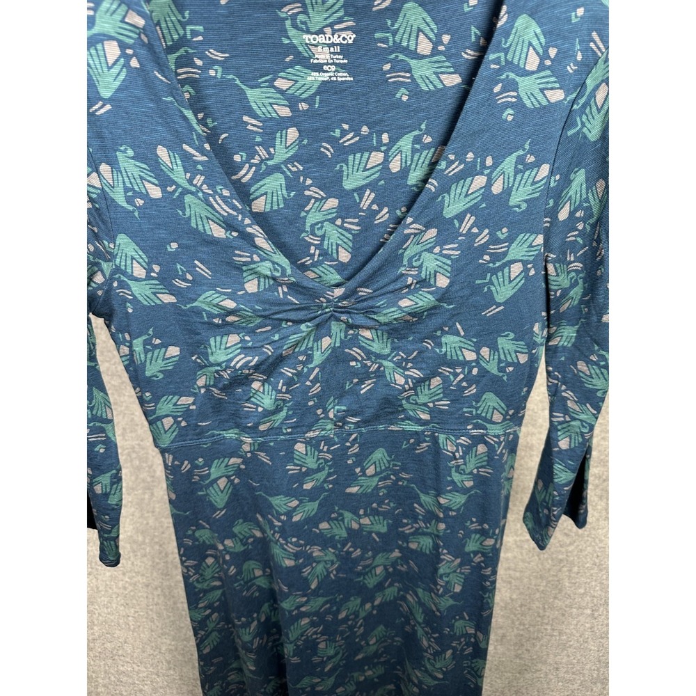 Toad & Co Small Dress Women Blue 3/4 Sleeve Floral V-Neck Organic Cotton Stretch - Picture 7 of 11